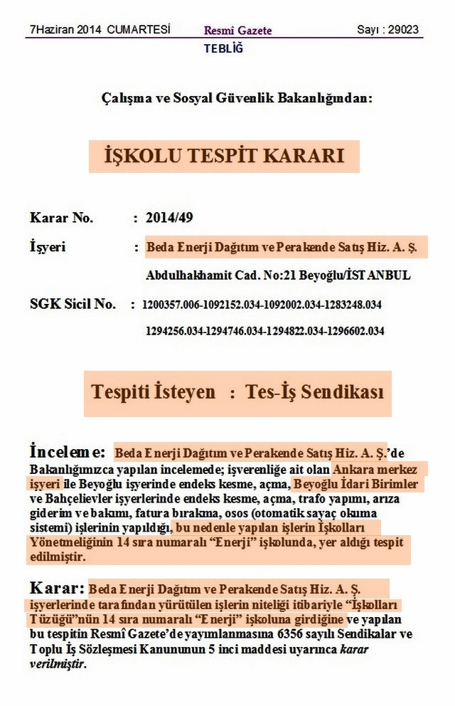 İŞ KOLU TESPİT KARARI