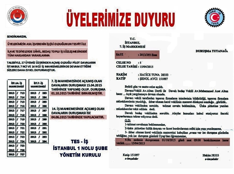 SENDİKAMIZIN AÇTIĞI DAVALARLA İLGİLİ DUYURU