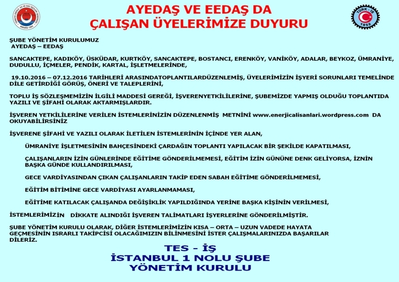 AYEDAŞ İŞVERENİNDEN İSTEMLER