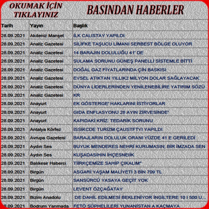 28 EYLÜL 2021 -BASINDAN HABERLER-