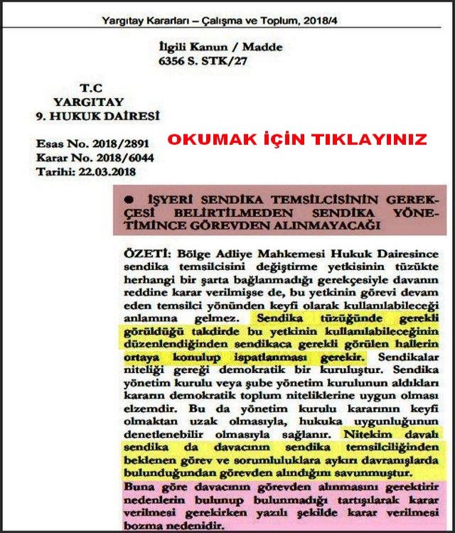 İŞYERİ SENDİKA TEMSİLCİSİNİN GÖREVDEN ALINMASI