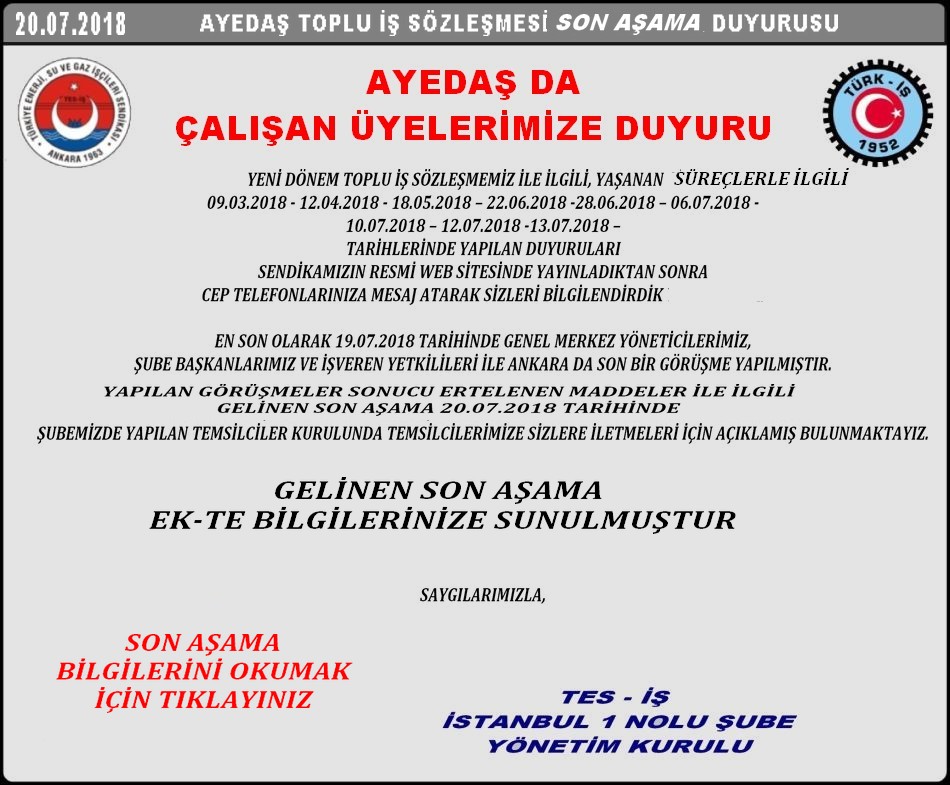 AYEDAŞ ANLAŞMA TUTANAĞI DUYURUSU