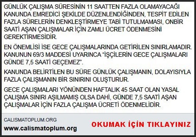 İŞÇİLERİN GECE ÇALIŞMALARI 7,5 SAATTEN FAZLA OLAMAZ