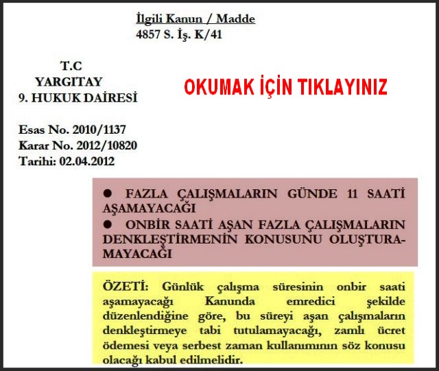 11 SAATİ AŞAN FAZLA ÇALIŞMALARIN DENKLEŞTİRMEYE TABİ TUTULAMAYACAĞI