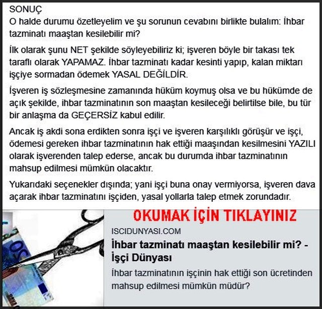 İHBAR TAZMİNATI MAAŞ DAN KESİLİRMİ