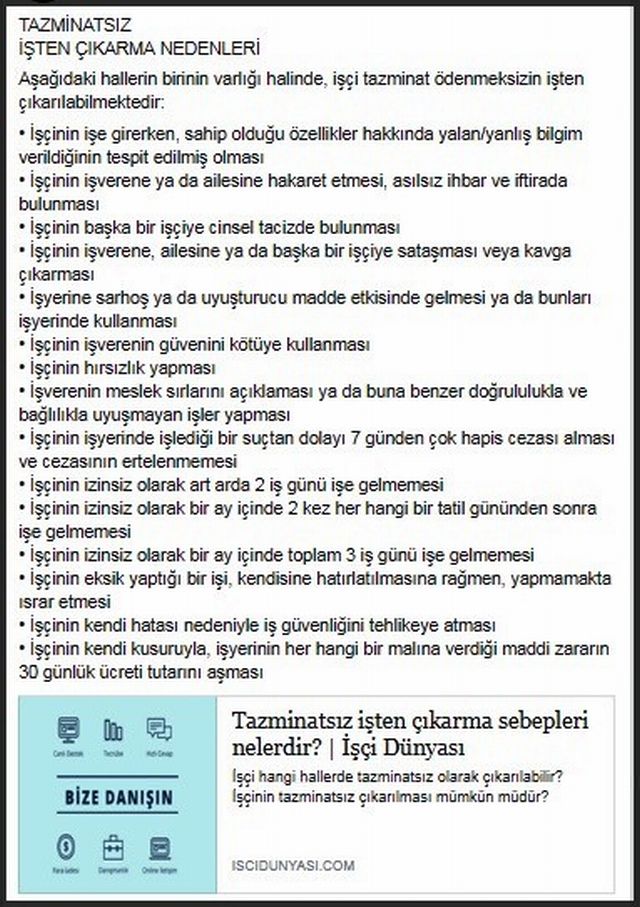 TAZMİNATSIZ İŞTEN ÇIKARMA NEDENLERİ