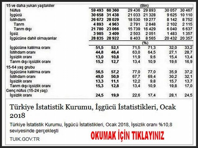 OCAK 2018 İŞ GÜCÜ İSTATİSTİKLERİ