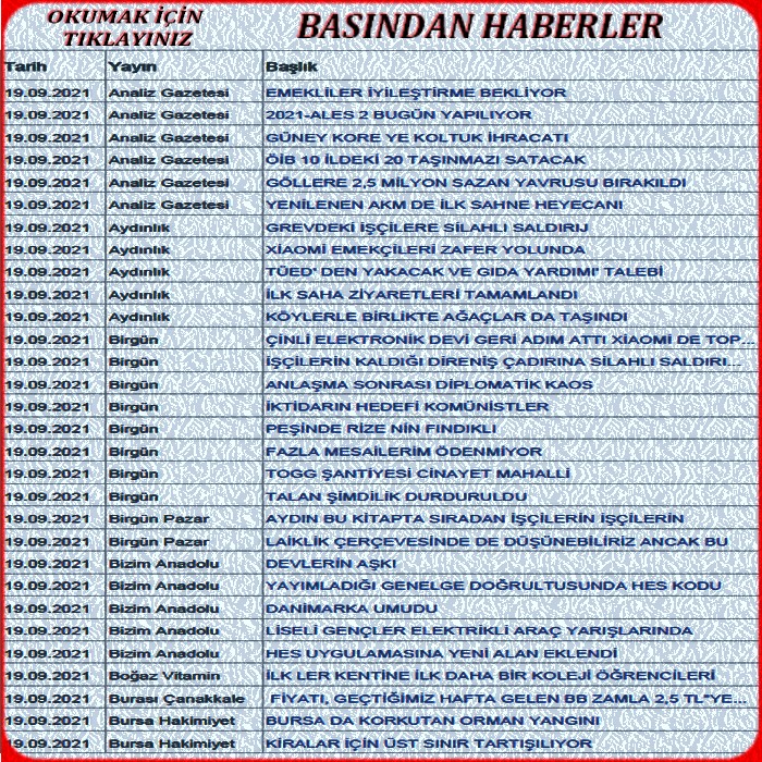 19 EYLÜL 2021 BASINDAN