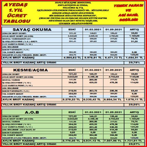 AYEDAŞ 1.YIL ÜCRET TABLOSU